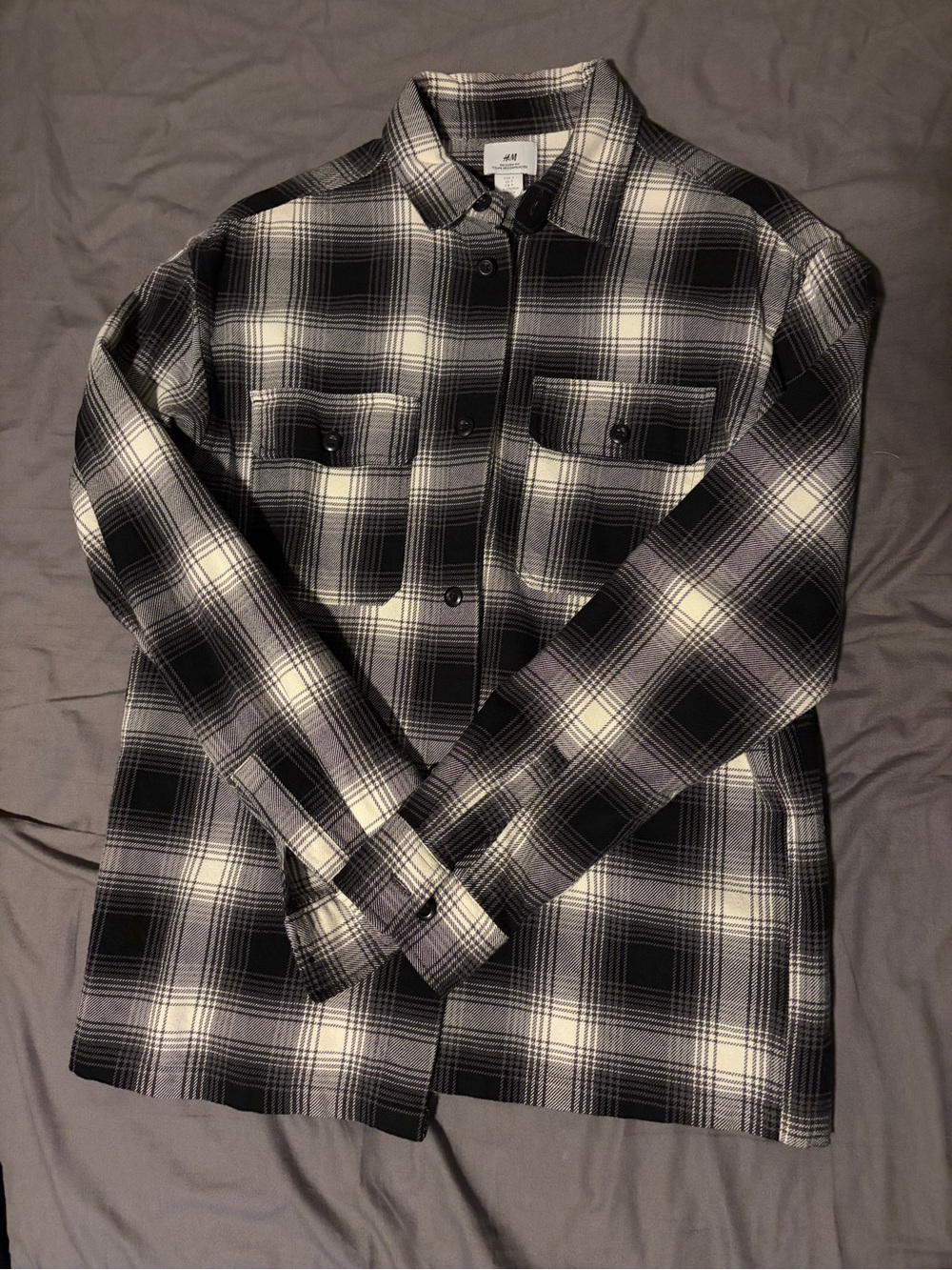 H&M Black & White Plaid Relaxed-Fit Shirt